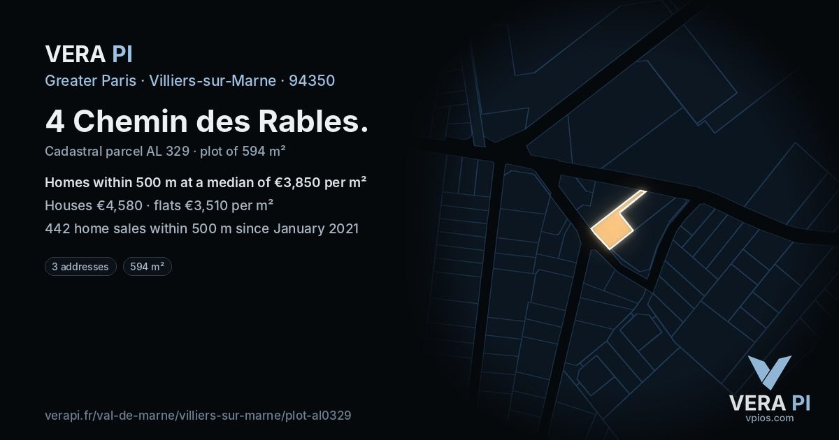 4 Chemin des Rables, Villiers-sur-Marne at night – the plot lit, the parcels around coloured by the prices near them