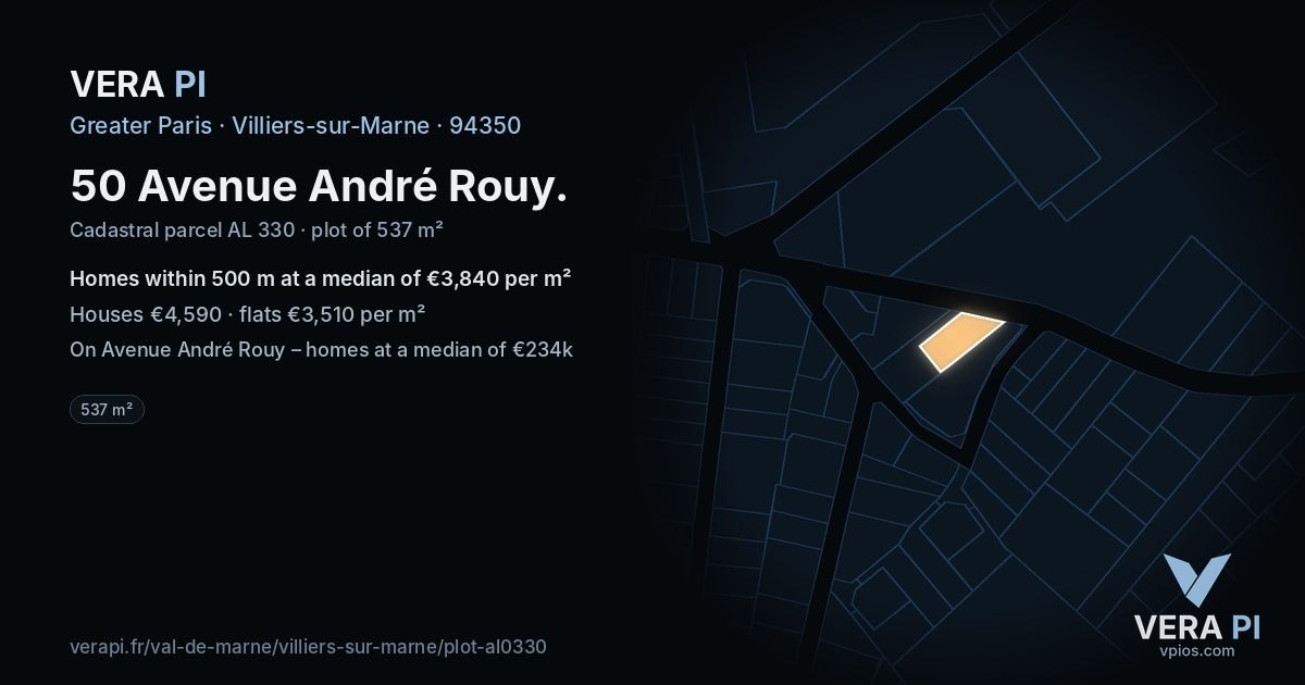 50 Avenue André Rouy, Villiers-sur-Marne at night – the plot lit, the parcels around coloured by the prices near them