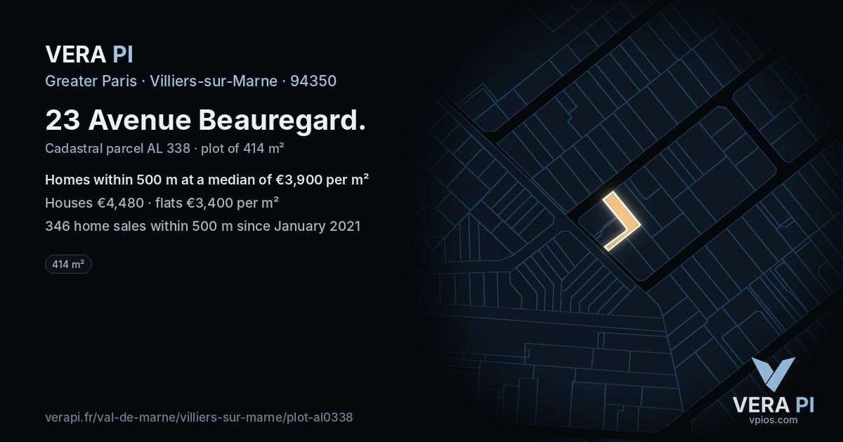 23 Avenue Beauregard, Villiers-sur-Marne at night – the plot lit, the parcels around coloured by the prices near them