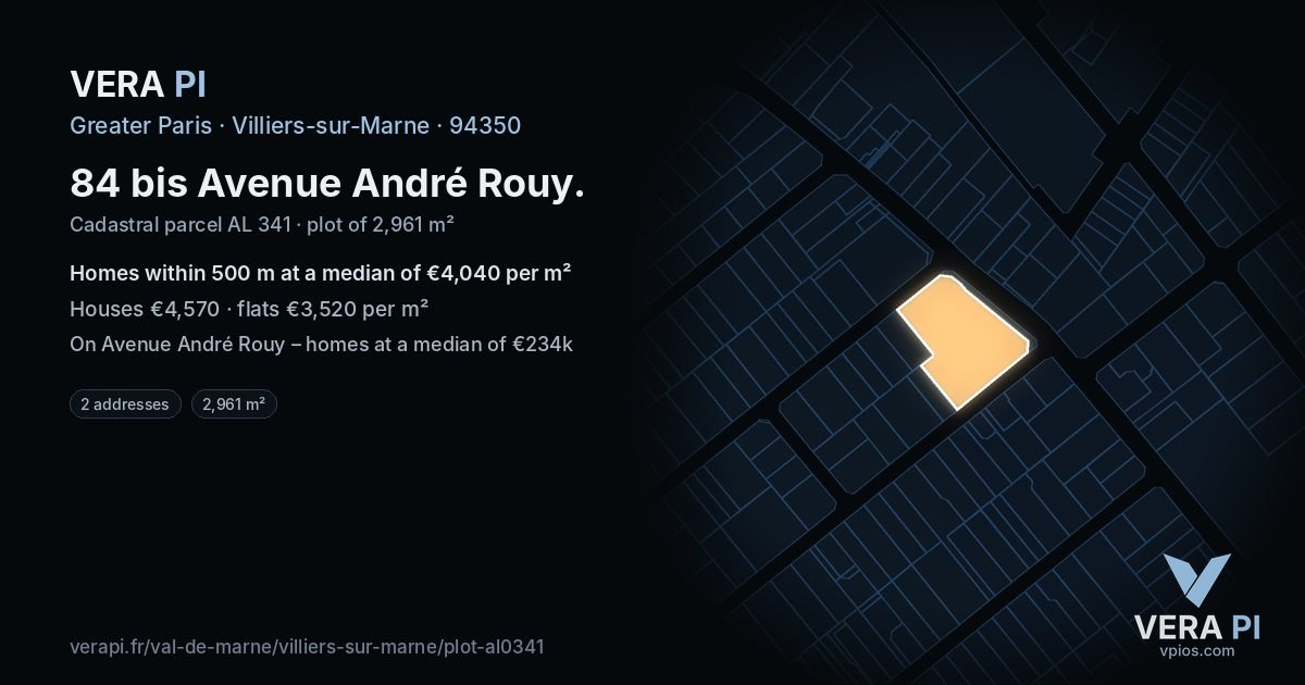 84 bis Avenue André Rouy, Villiers-sur-Marne at night – the plot lit, the parcels around coloured by the prices near them