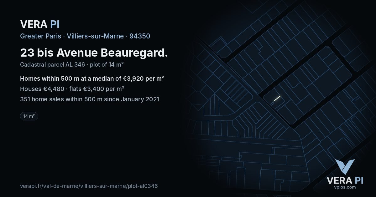 23 bis Avenue Beauregard, Villiers-sur-Marne at night – the plot lit, the parcels around coloured by the prices near them
