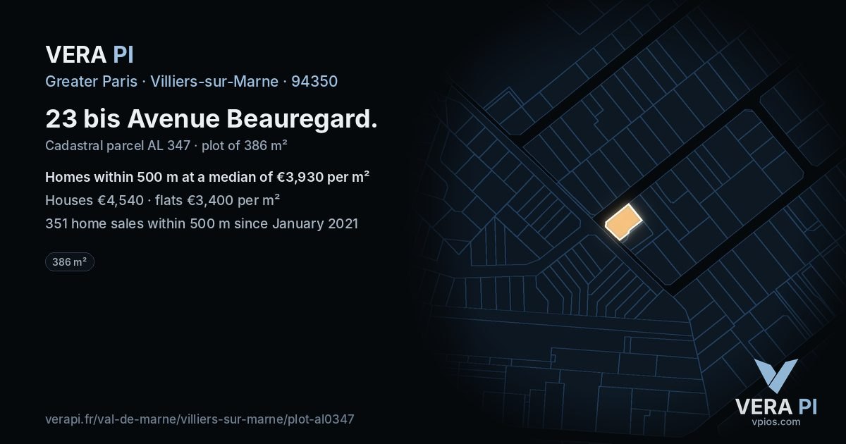 23 bis Avenue Beauregard, Villiers-sur-Marne at night – the plot lit, the parcels around coloured by the prices near them