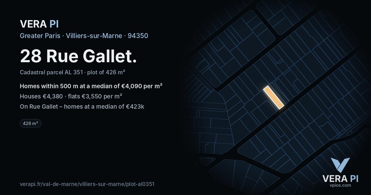 28 Rue Gallet, Villiers-sur-Marne at night – the plot lit, the parcels around coloured by the prices near them