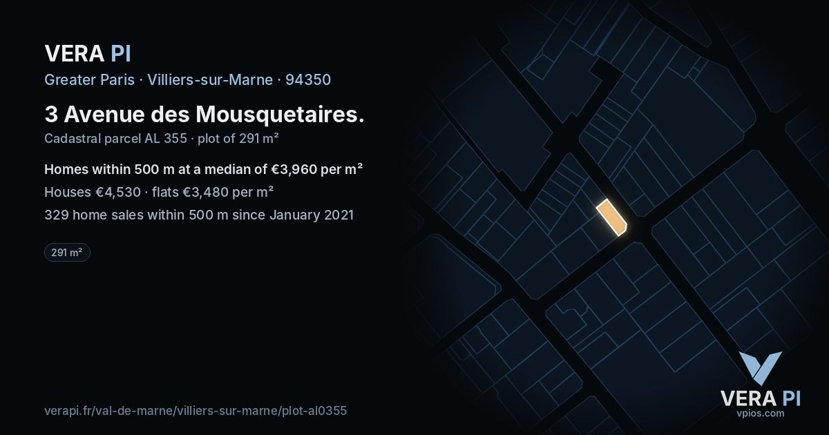 3 Avenue des Mousquetaires, Villiers-sur-Marne at night – the plot lit, the parcels around coloured by the prices near them