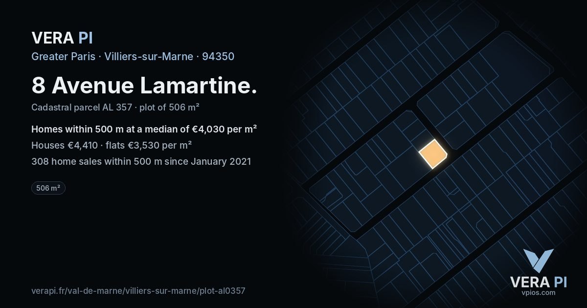 8 Avenue Lamartine, Villiers-sur-Marne at night – the plot lit, the parcels around coloured by the prices near them