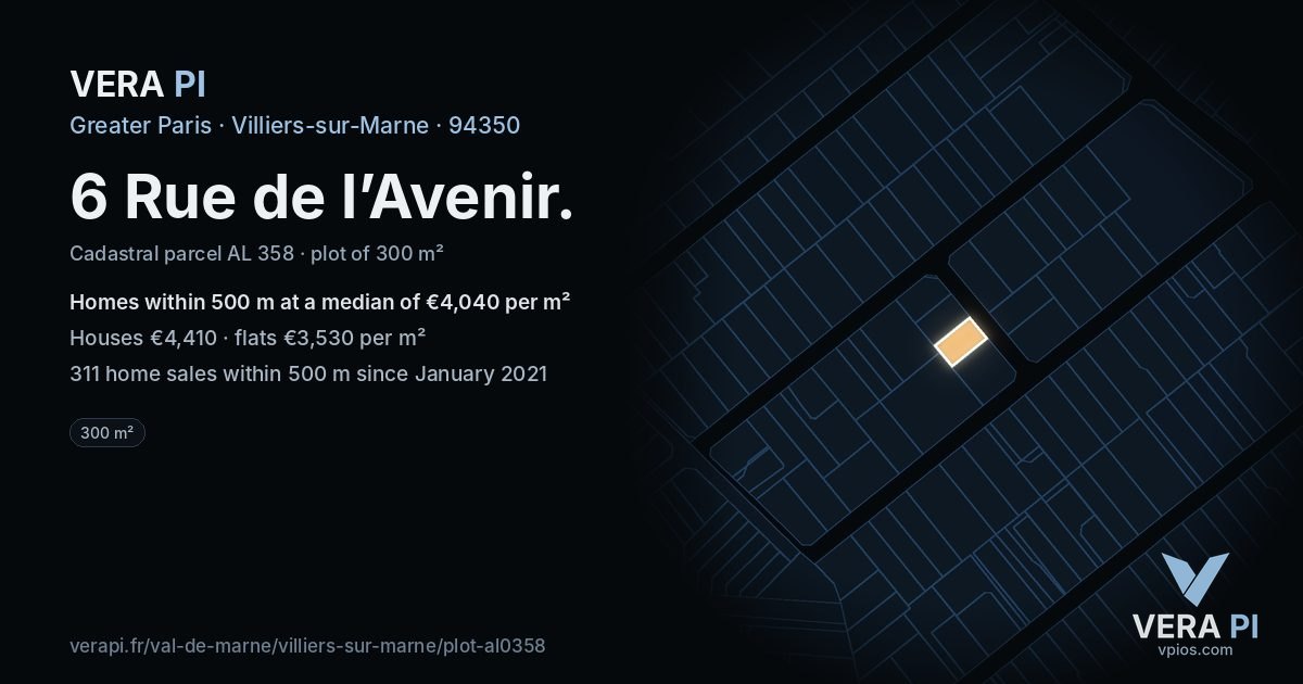 6 Rue de l’Avenir, Villiers-sur-Marne at night – the plot lit, the parcels around coloured by the prices near them