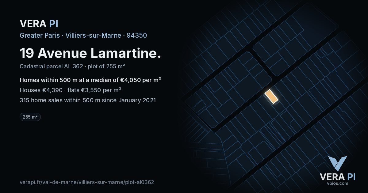 19 Avenue Lamartine, Villiers-sur-Marne at night – the plot lit, the parcels around coloured by the prices near them