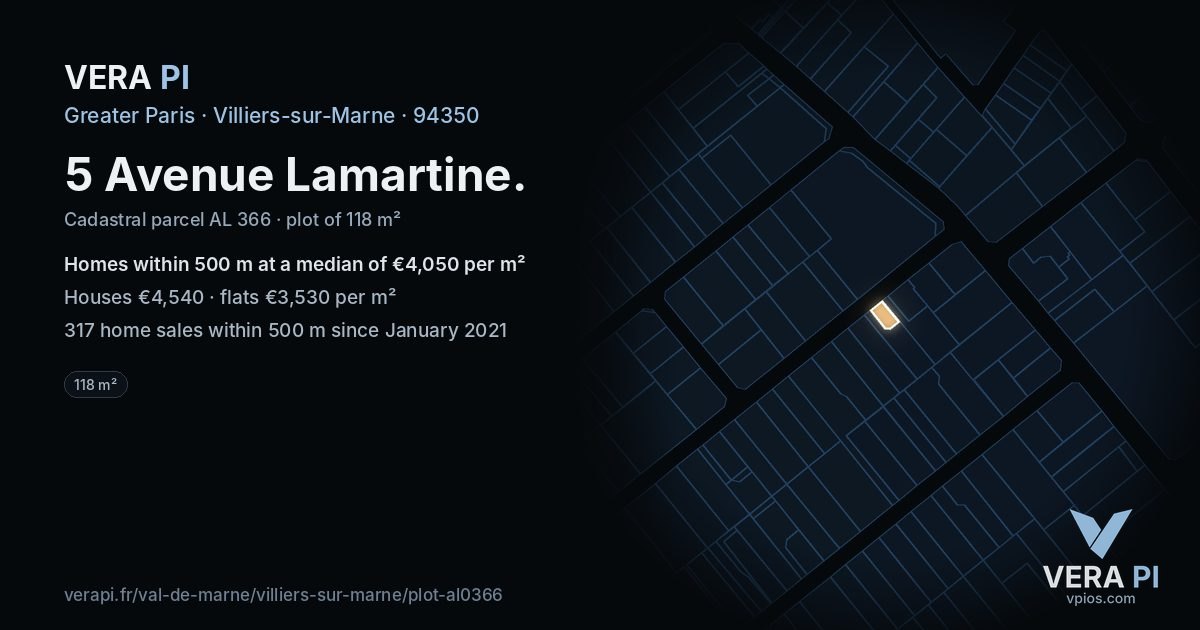 5 Avenue Lamartine, Villiers-sur-Marne at night – the plot lit, the parcels around coloured by the prices near them