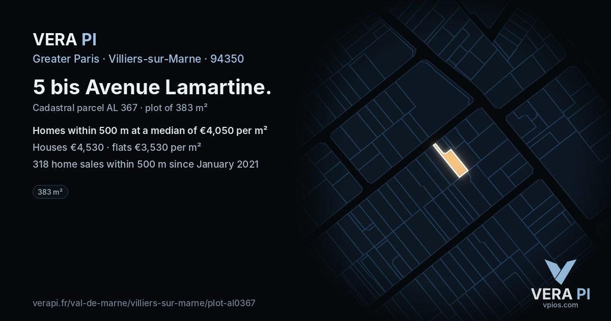 5 bis Avenue Lamartine, Villiers-sur-Marne at night – the plot lit, the parcels around coloured by the prices near them