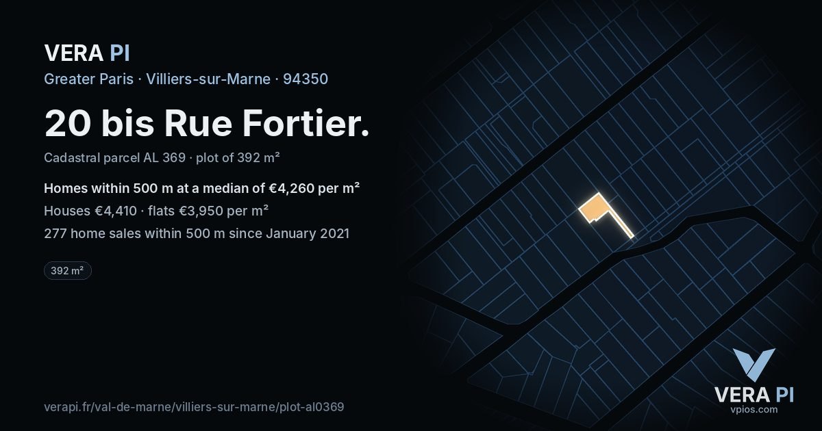 20 bis Rue Fortier, Villiers-sur-Marne at night – the plot lit, the parcels around coloured by the prices near them