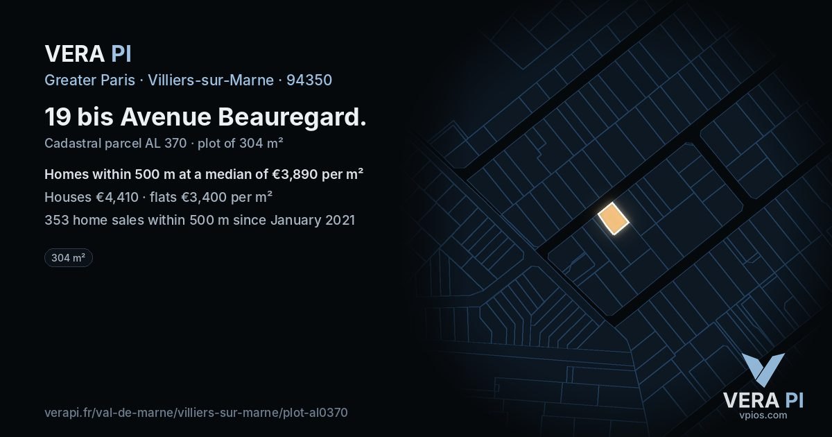 19 bis Avenue Beauregard, Villiers-sur-Marne at night – the plot lit, the parcels around coloured by the prices near them
