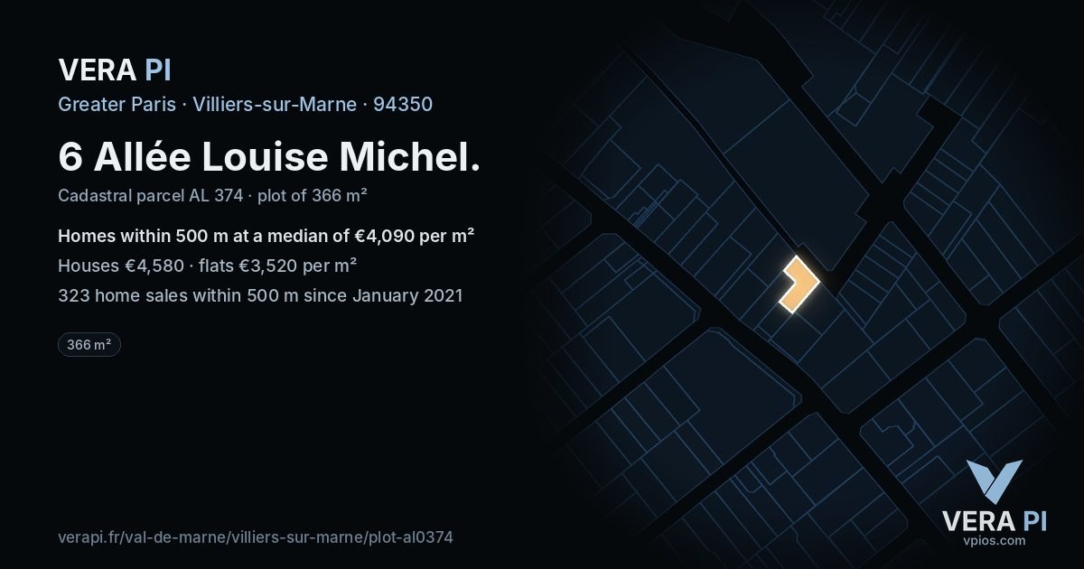 6 Allée Louise Michel, Villiers-sur-Marne at night – the plot lit, the parcels around coloured by the prices near them