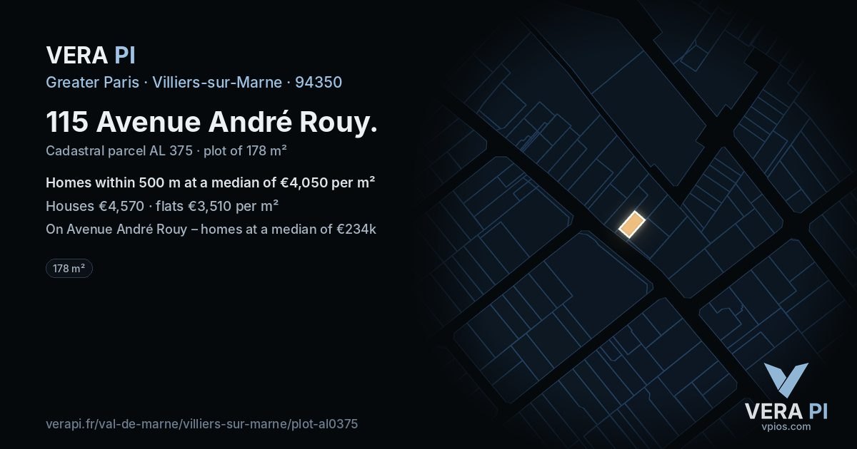 115 Avenue André Rouy, Villiers-sur-Marne at night – the plot lit, the parcels around coloured by the prices near them
