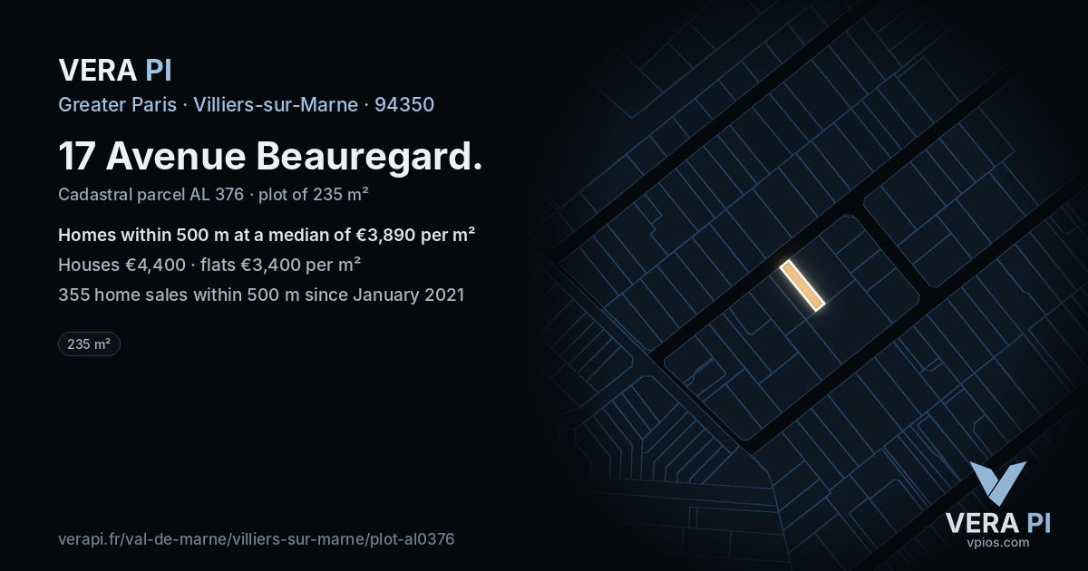 17 Avenue Beauregard, Villiers-sur-Marne at night – the plot lit, the parcels around coloured by the prices near them