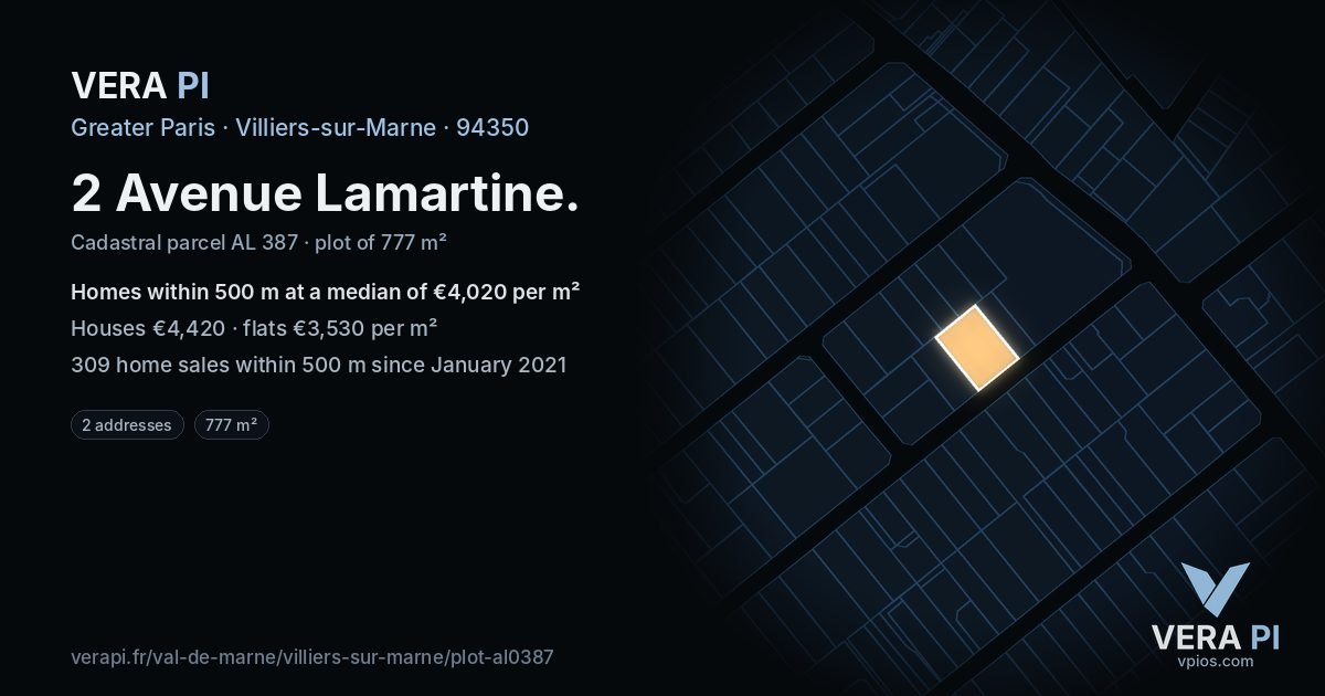 2 Avenue Lamartine, Villiers-sur-Marne at night – the plot lit, the parcels around coloured by the prices near them