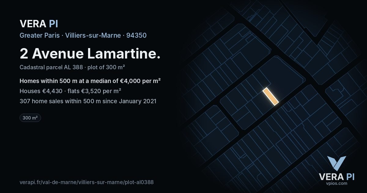 2 Avenue Lamartine, Villiers-sur-Marne at night – the plot lit, the parcels around coloured by the prices near them