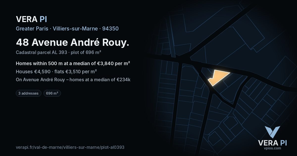 48 Avenue André Rouy, Villiers-sur-Marne at night – the plot lit, the parcels around coloured by the prices near them