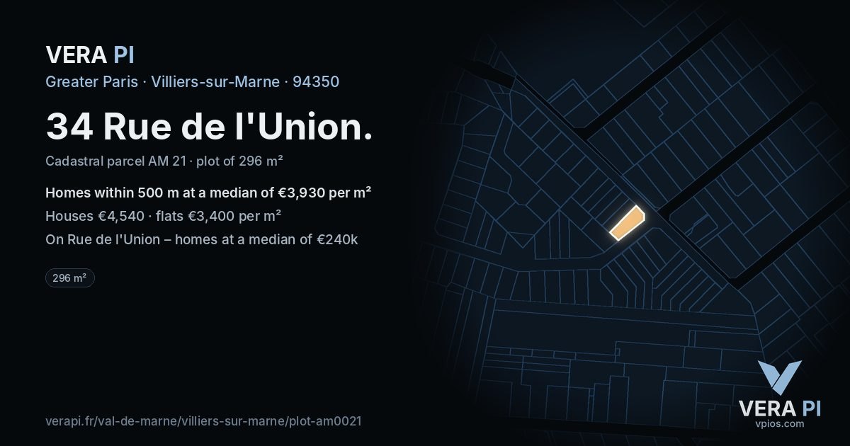 34 Rue de l'Union, Villiers-sur-Marne at night – the plot lit, the parcels around coloured by the prices near them