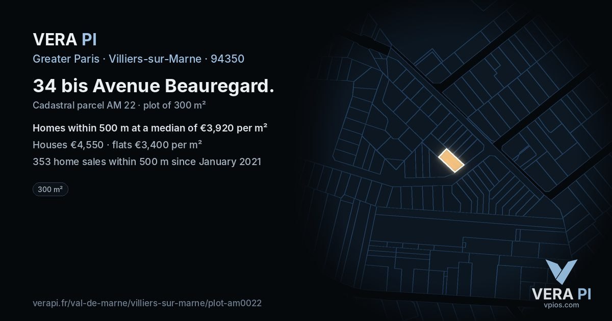 34 bis Avenue Beauregard, Villiers-sur-Marne at night – the plot lit, the parcels around coloured by the prices near them