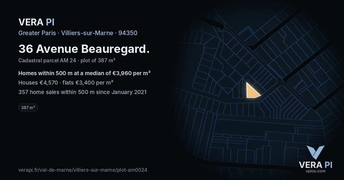 36 Avenue Beauregard, Villiers-sur-Marne at night – the plot lit, the parcels around coloured by the prices near them