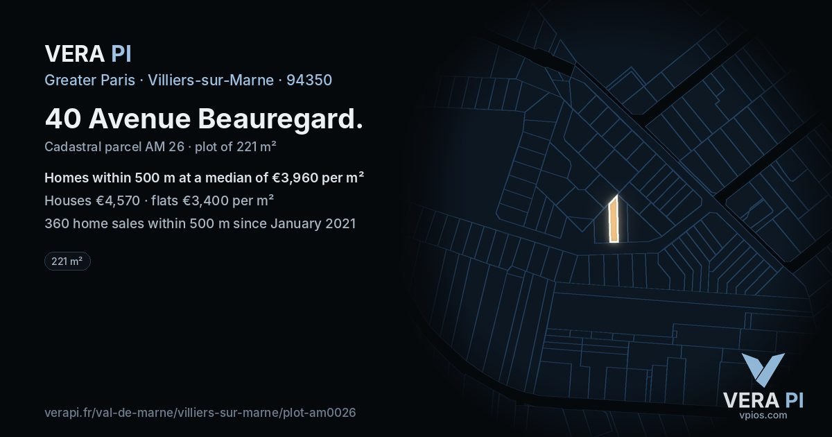 40 Avenue Beauregard, Villiers-sur-Marne at night – the plot lit, the parcels around coloured by the prices near them