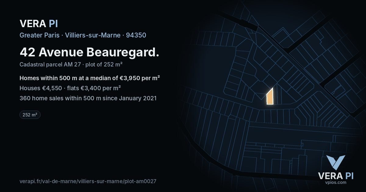 42 Avenue Beauregard, Villiers-sur-Marne at night – the plot lit, the parcels around coloured by the prices near them