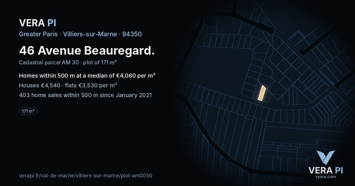 46 Avenue Beauregard, Villiers-sur-Marne at night – the plot lit, the parcels around coloured by the prices near them