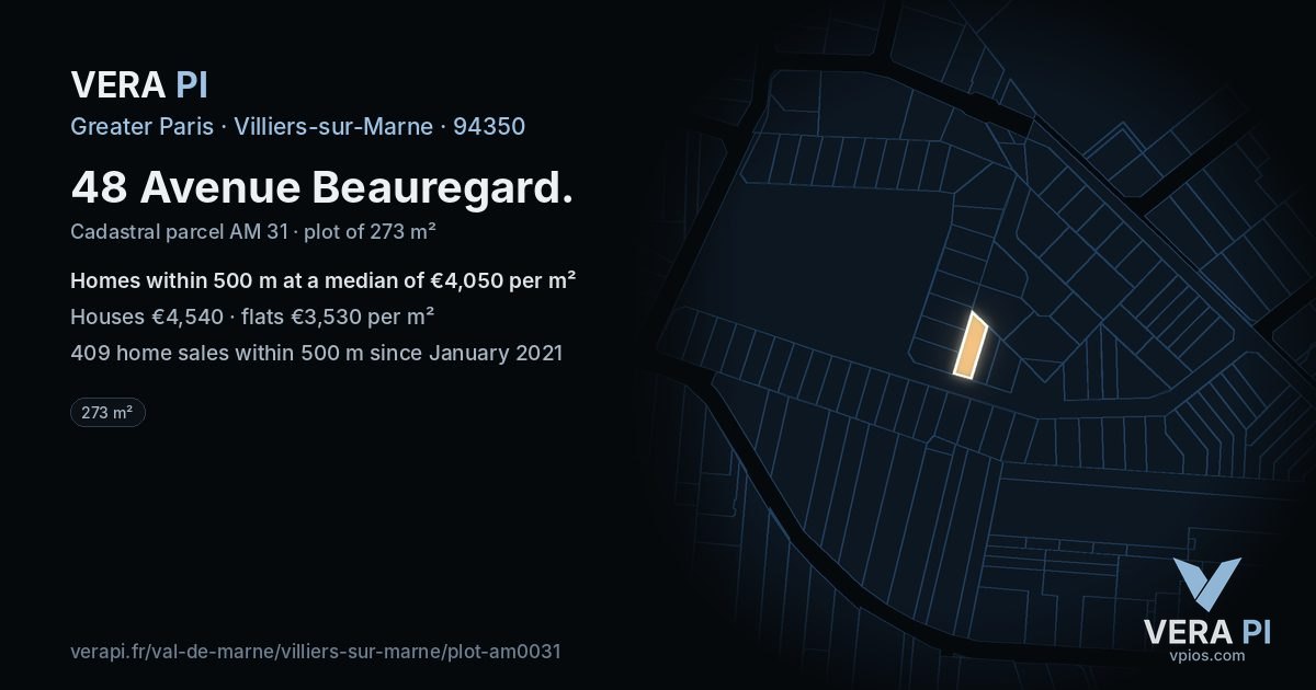 48 Avenue Beauregard, Villiers-sur-Marne at night – the plot lit, the parcels around coloured by the prices near them