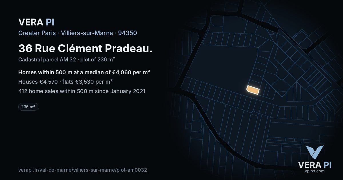 36 Rue Clément Pradeau, Villiers-sur-Marne at night – the plot lit, the parcels around coloured by the prices near them