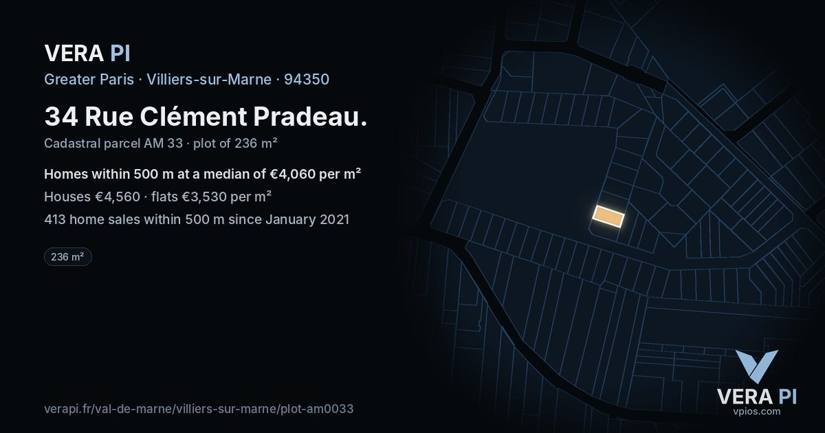 34 Rue Clément Pradeau, Villiers-sur-Marne at night – the plot lit, the parcels around coloured by the prices near them