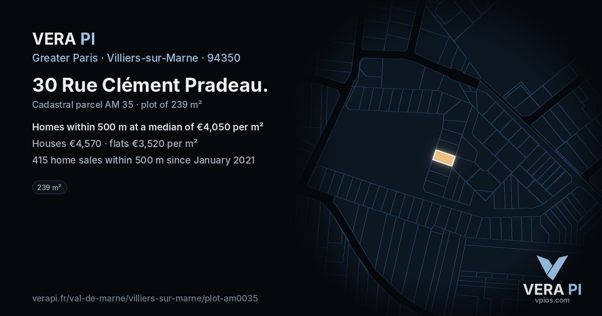 30 Rue Clément Pradeau, Villiers-sur-Marne at night – the plot lit, the parcels around coloured by the prices near them