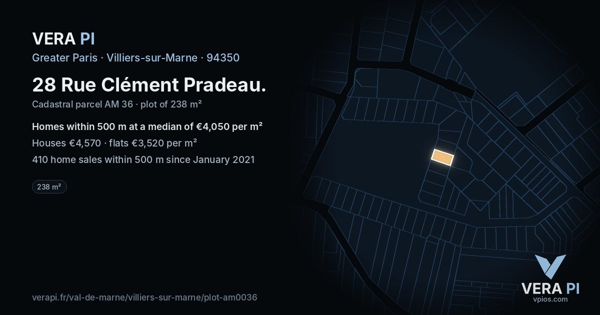 28 Rue Clément Pradeau, Villiers-sur-Marne at night – the plot lit, the parcels around coloured by the prices near them
