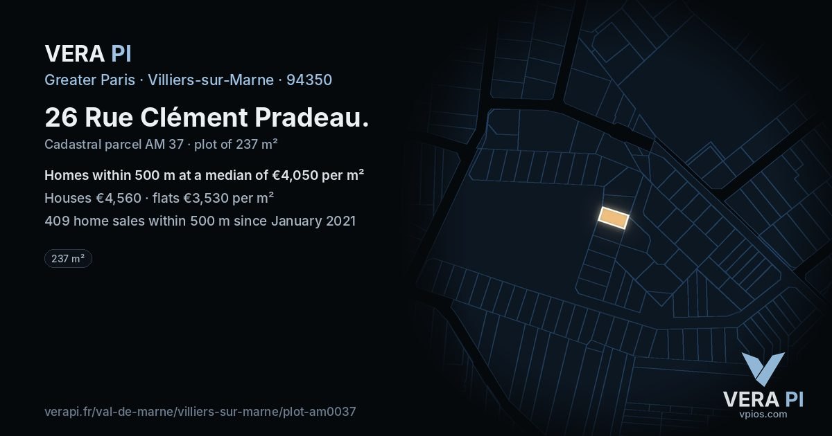 26 Rue Clément Pradeau, Villiers-sur-Marne at night – the plot lit, the parcels around coloured by the prices near them
