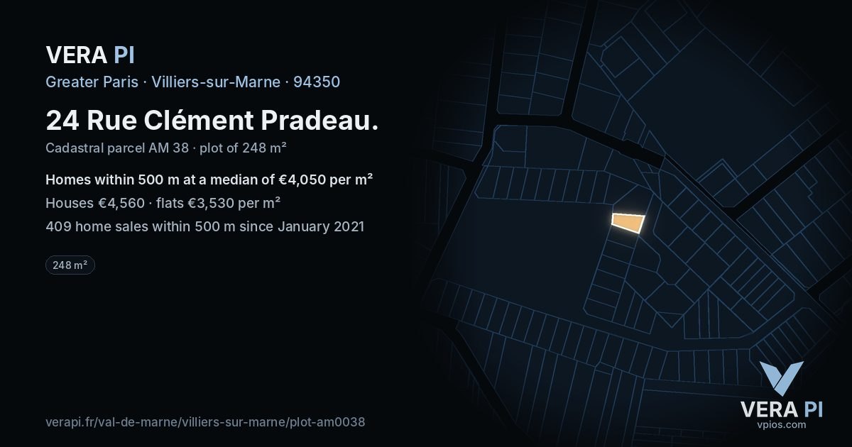24 Rue Clément Pradeau, Villiers-sur-Marne at night – the plot lit, the parcels around coloured by the prices near them