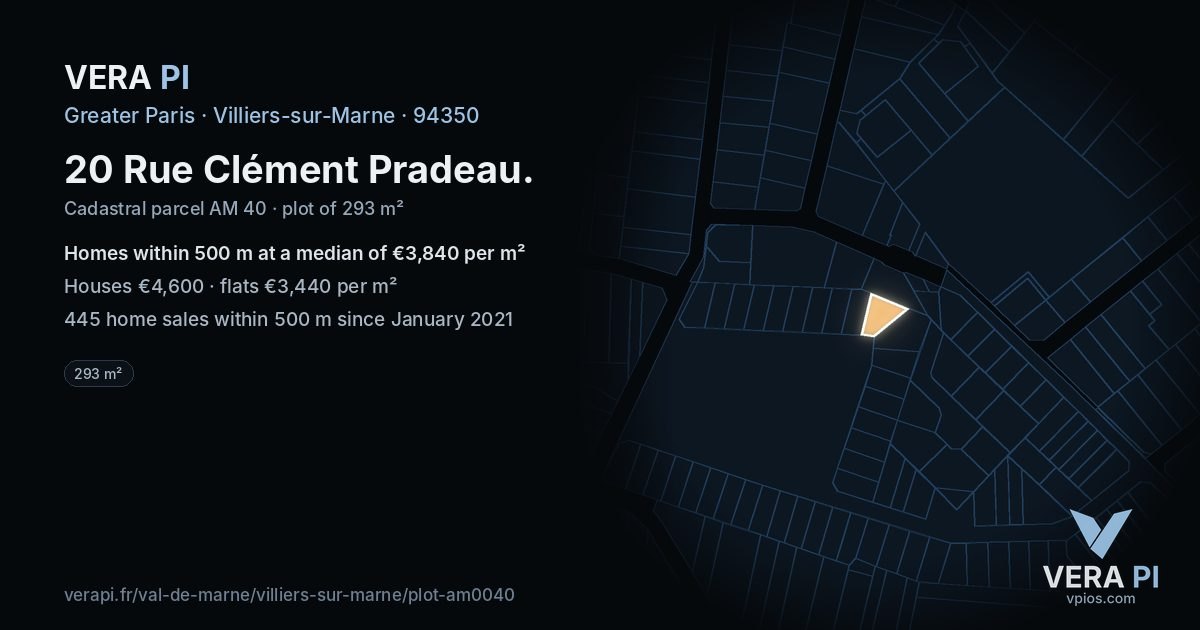 20 Rue Clément Pradeau, Villiers-sur-Marne at night – the plot lit, the parcels around coloured by the prices near them