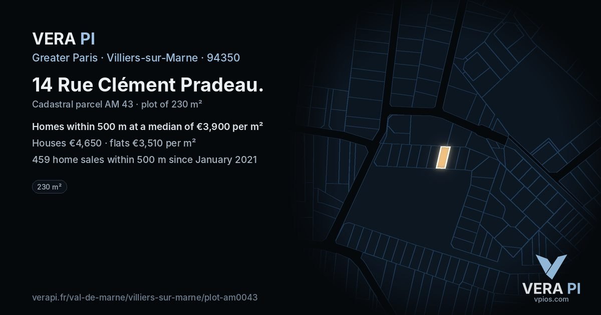 14 Rue Clément Pradeau, Villiers-sur-Marne at night – the plot lit, the parcels around coloured by the prices near them