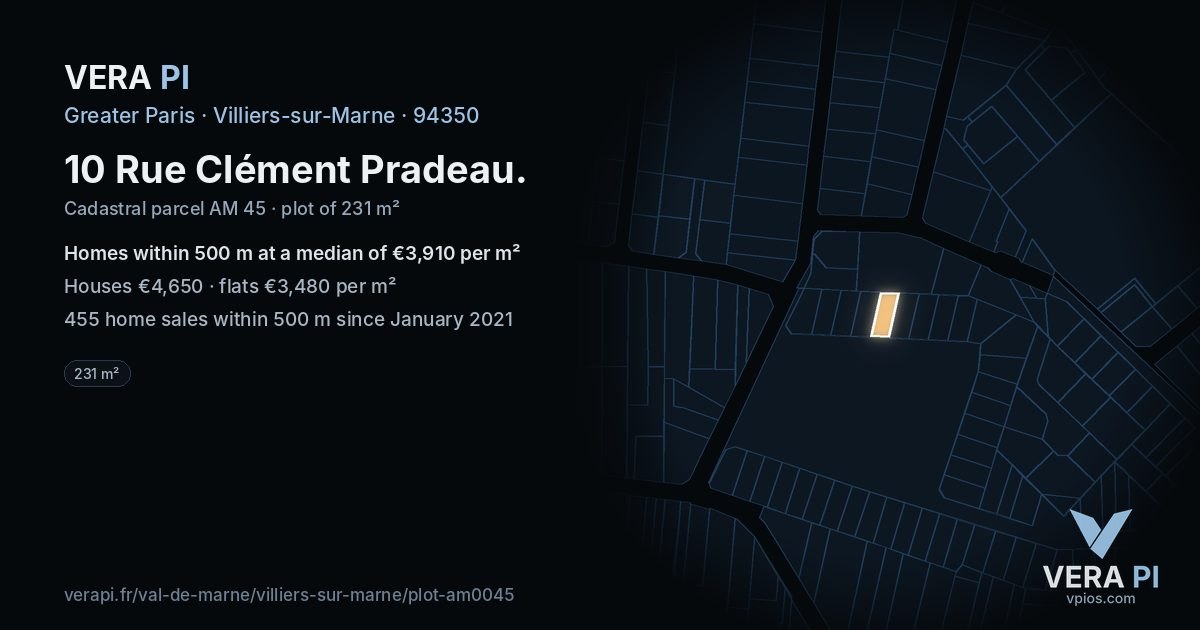 10 Rue Clément Pradeau, Villiers-sur-Marne at night – the plot lit, the parcels around coloured by the prices near them