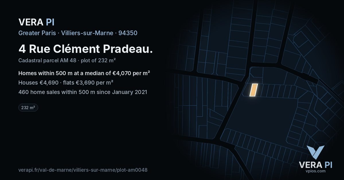 4 Rue Clément Pradeau, Villiers-sur-Marne at night – the plot lit, the parcels around coloured by the prices near them