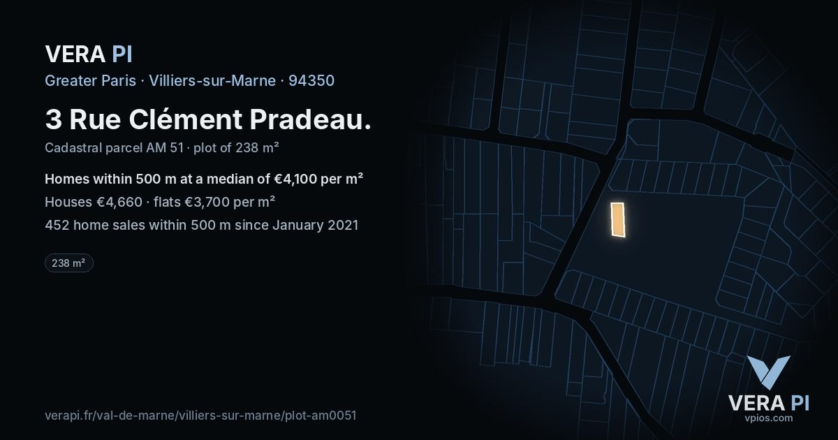 3 Rue Clément Pradeau, Villiers-sur-Marne at night – the plot lit, the parcels around coloured by the prices near them