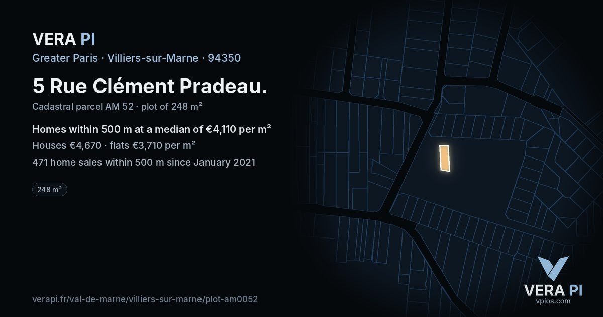 5 Rue Clément Pradeau, Villiers-sur-Marne at night – the plot lit, the parcels around coloured by the prices near them