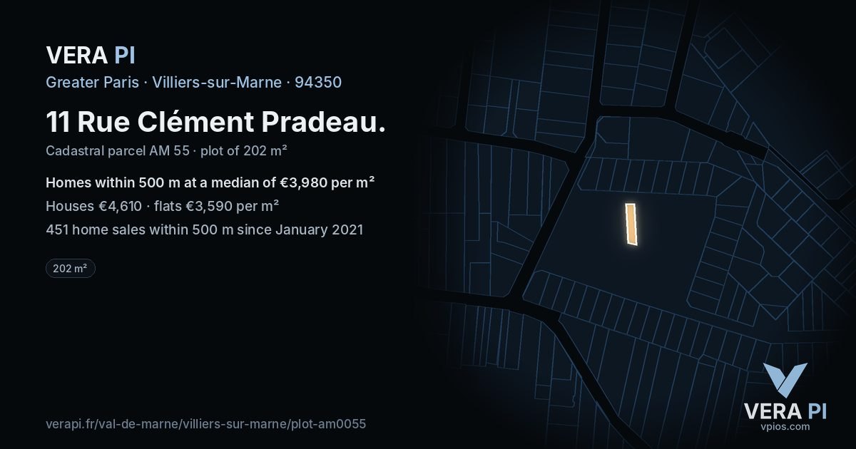 11 Rue Clément Pradeau, Villiers-sur-Marne at night – the plot lit, the parcels around coloured by the prices near them