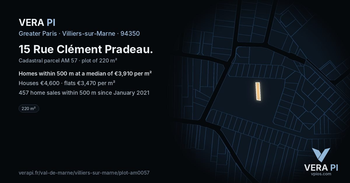 15 Rue Clément Pradeau, Villiers-sur-Marne at night – the plot lit, the parcels around coloured by the prices near them