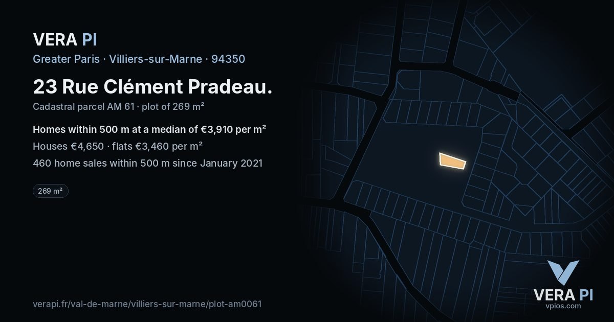 23 Rue Clément Pradeau, Villiers-sur-Marne at night – the plot lit, the parcels around coloured by the prices near them