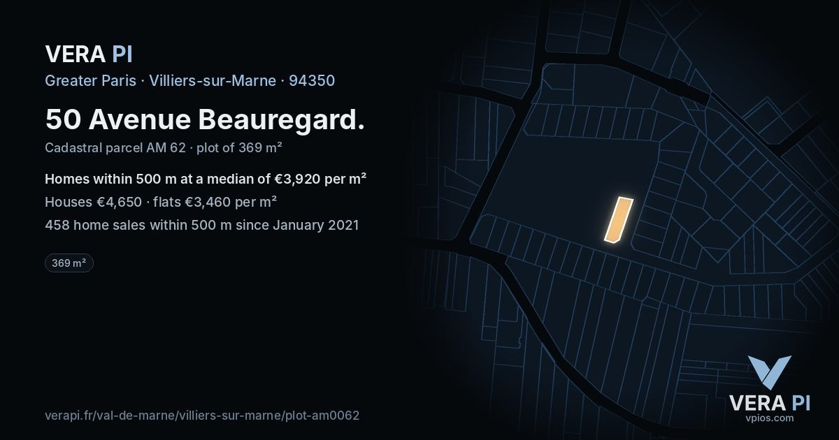 50 Avenue Beauregard, Villiers-sur-Marne at night – the plot lit, the parcels around coloured by the prices near them