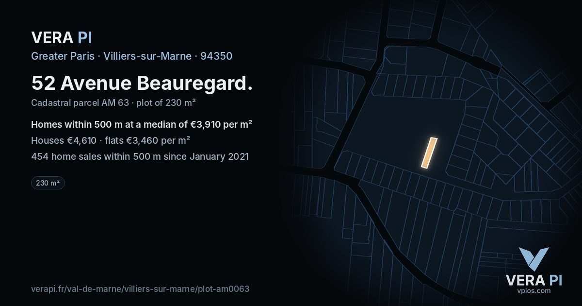 52 Avenue Beauregard, Villiers-sur-Marne at night – the plot lit, the parcels around coloured by the prices near them