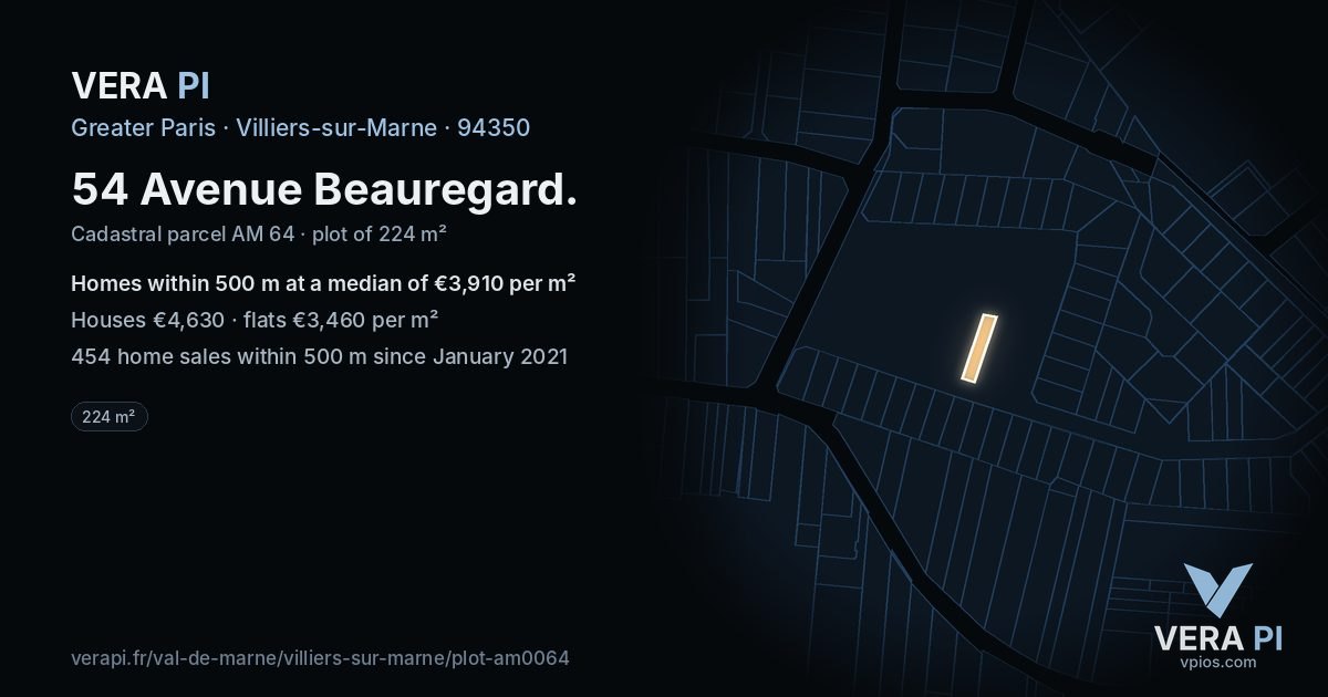 54 Avenue Beauregard, Villiers-sur-Marne at night – the plot lit, the parcels around coloured by the prices near them