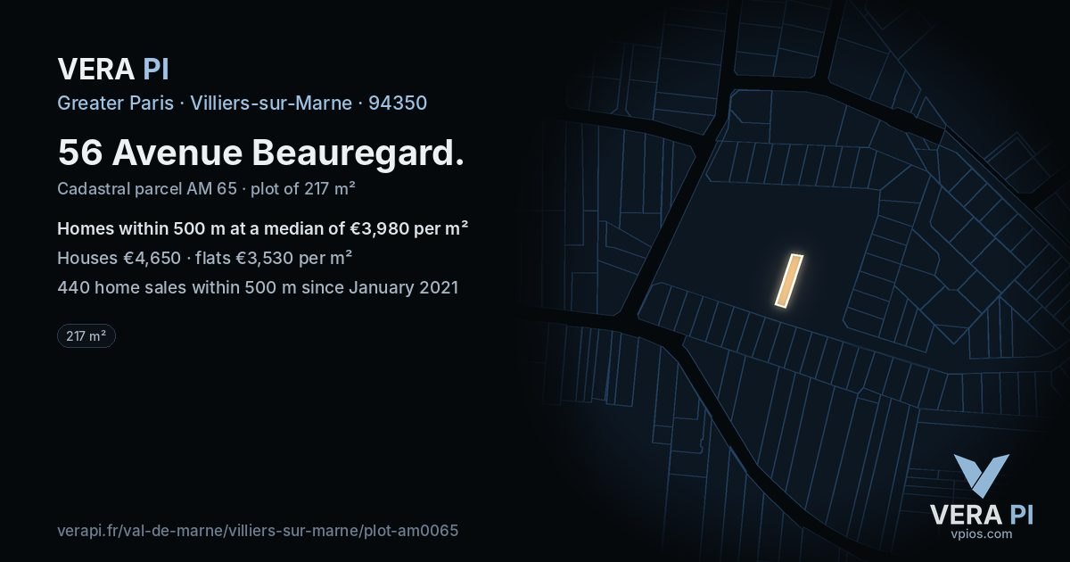 56 Avenue Beauregard, Villiers-sur-Marne at night – the plot lit, the parcels around coloured by the prices near them