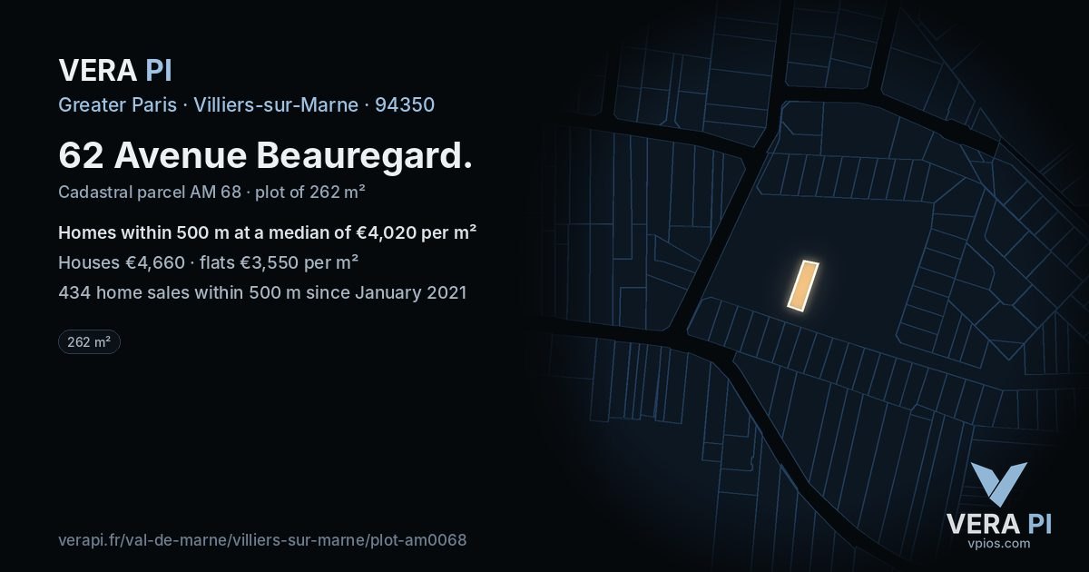 62 Avenue Beauregard, Villiers-sur-Marne at night – the plot lit, the parcels around coloured by the prices near them