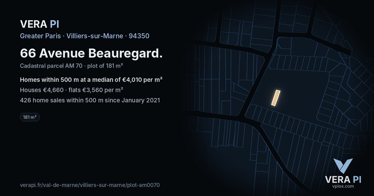 66 Avenue Beauregard, Villiers-sur-Marne at night – the plot lit, the parcels around coloured by the prices near them