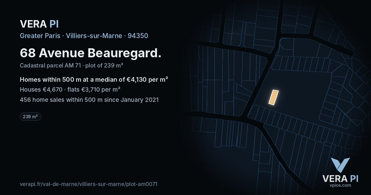 68 Avenue Beauregard, Villiers-sur-Marne at night – the plot lit, the parcels around coloured by the prices near them